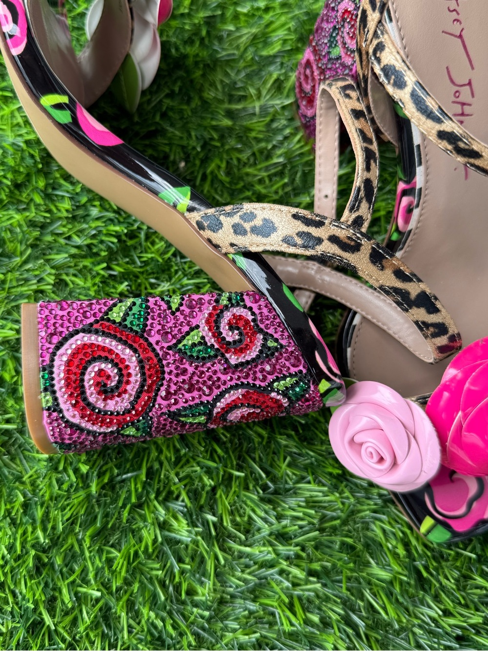 Betsey Johnson Pink & Hot Pink Floral Leopard-Trim Heels - Picture 6 of 9